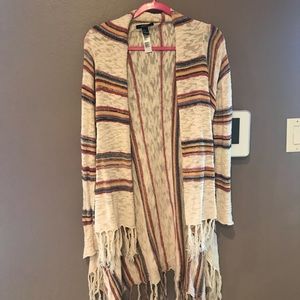 Striped fringe long open sweater